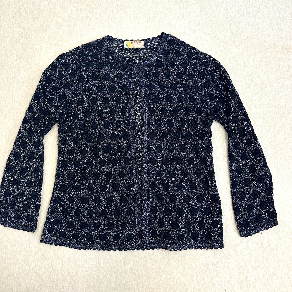 Vintage hand crochet cotton and silver metallic cardigan